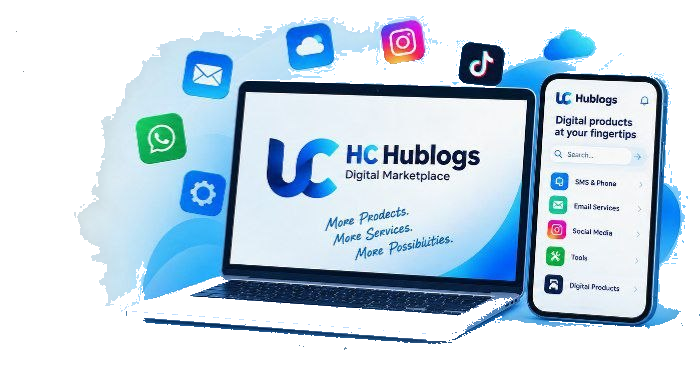 Hublogs marketplace displayed on a laptop and smartphone